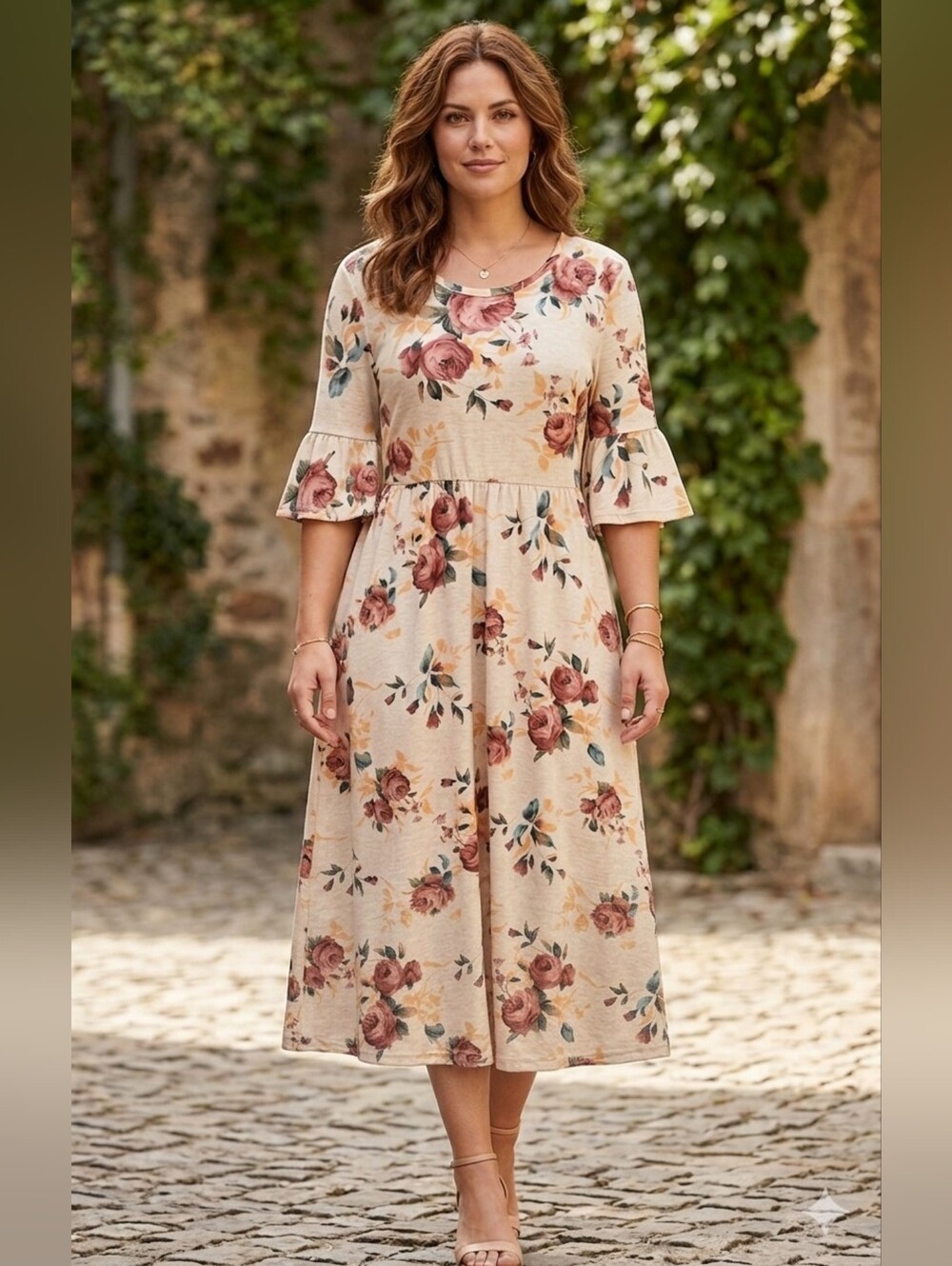 🌹Promesa Beige Floral Midi Dress with Rose Motif And Bell Sleeves